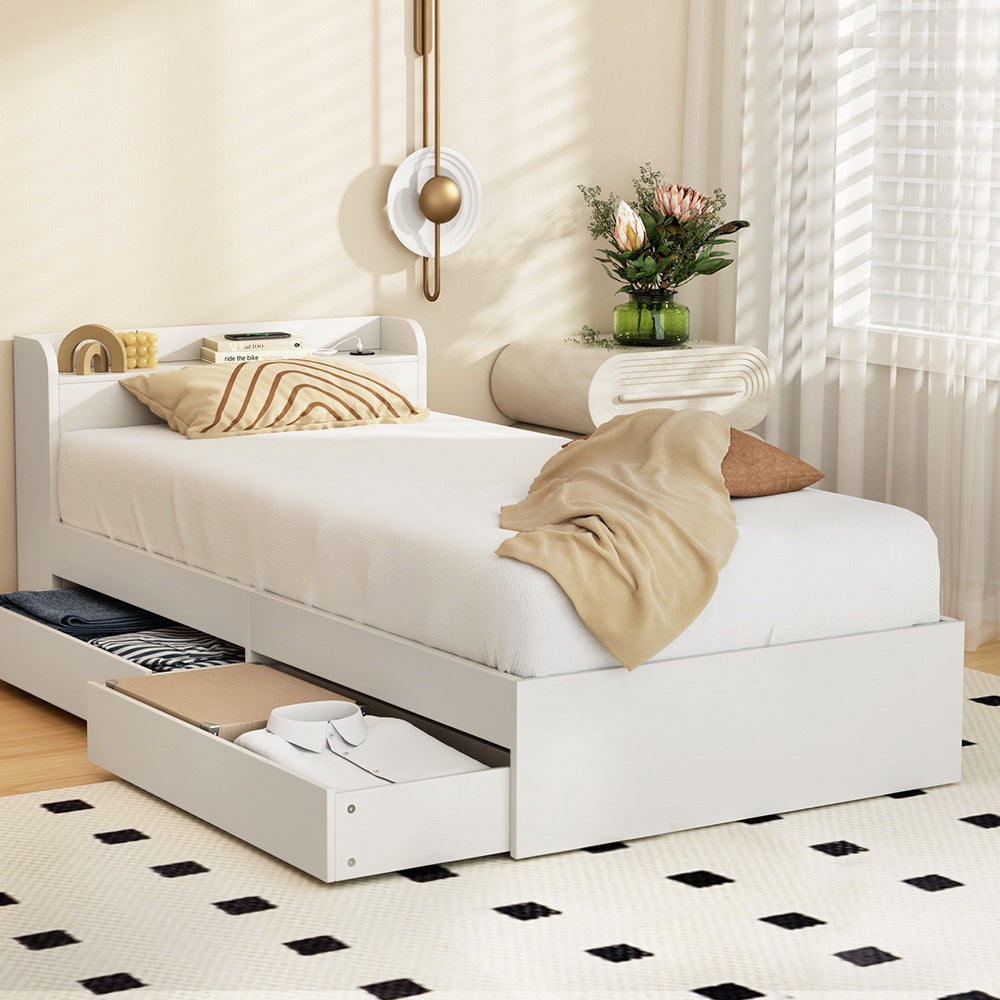 Aura Bed Frame – Single Size with USB Charging Ports and Storage Drawers, White