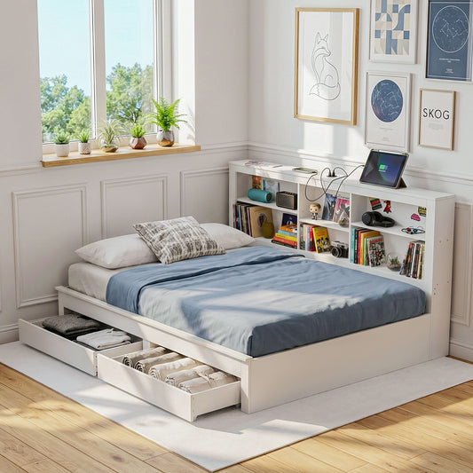 TWSC Noise-Free White Farmhouse Solid Wood Double Platform Bed Frame with Storage Headboard, Charging Station and Drawers for Bedroom and Apartment