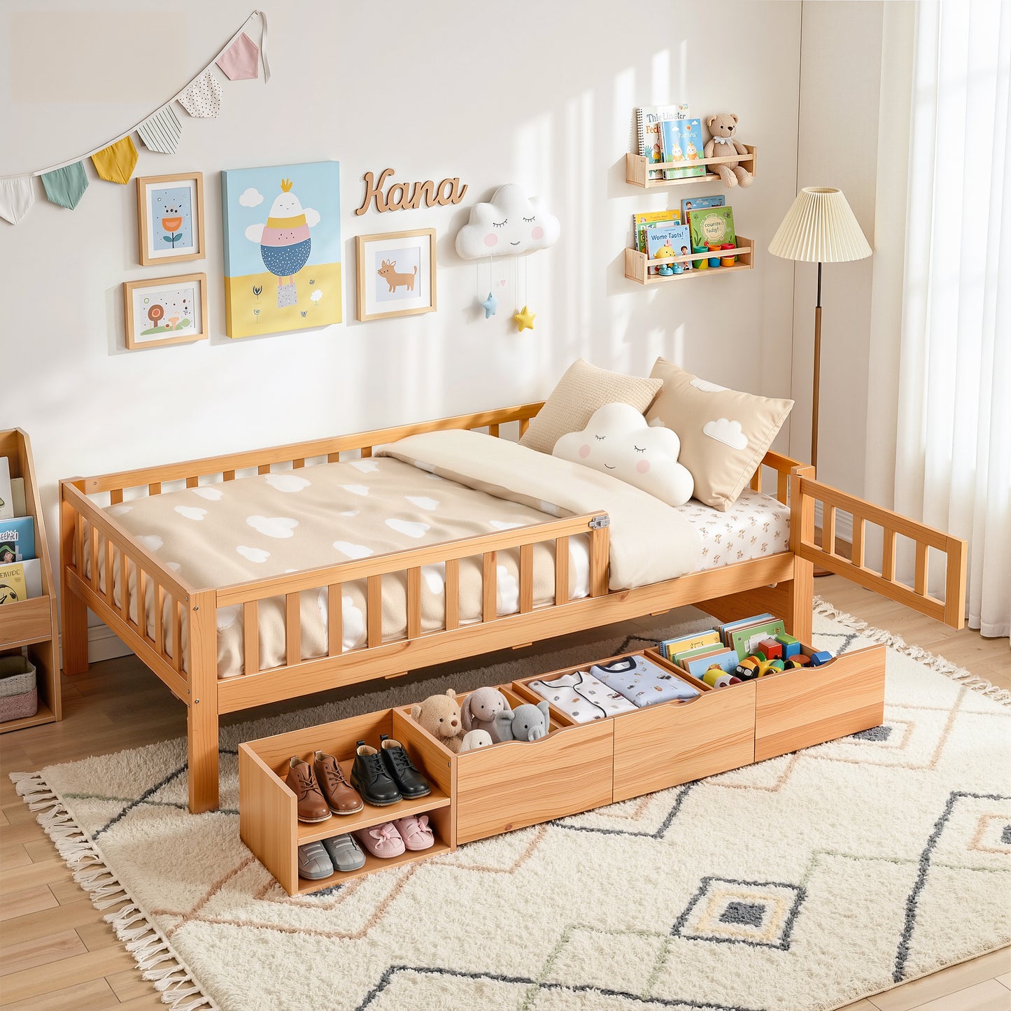 Kids Single Bed Frame with 3 Storage Drawers – Montessori Style, Natural Finish