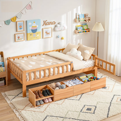 TWSC Kids Single Bed Frame with 3 Storage Drawer Montessori Bed for Toddler Natural