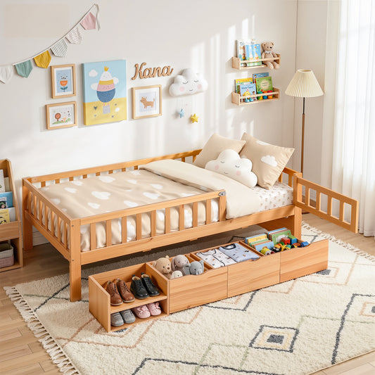 Kids Single Bed Frame with 3 Storage Drawers – Montessori Style, Natural Finish
