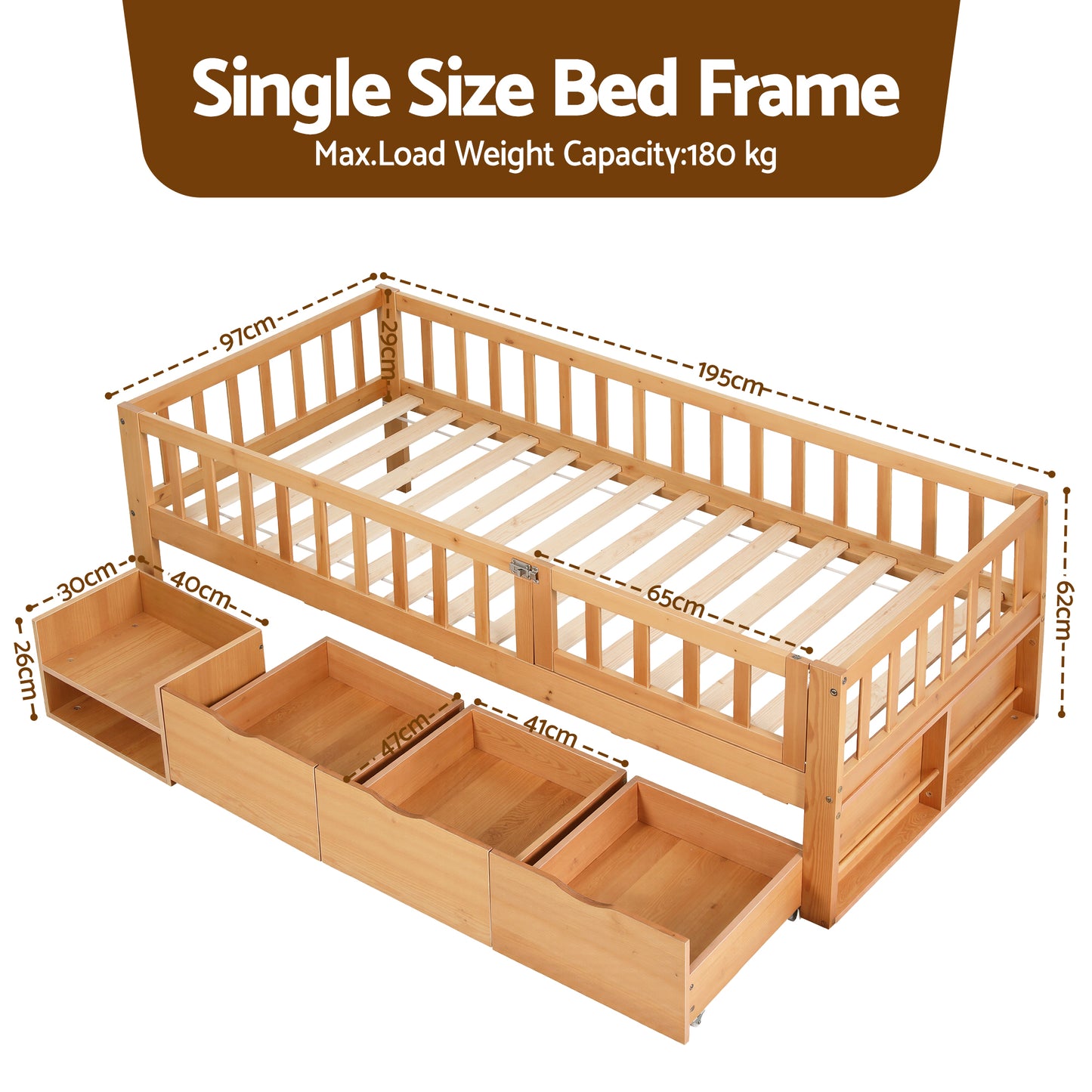Kids Single Bed Frame with 3 Storage Drawers – Montessori Style, Natural Finish
