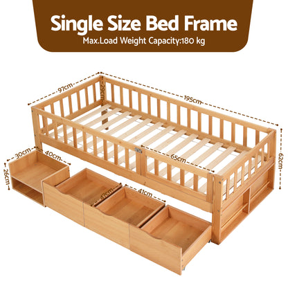 TWSC Kids Single Bed Frame with 3 Storage Drawer Montessori Bed for Toddler Natural