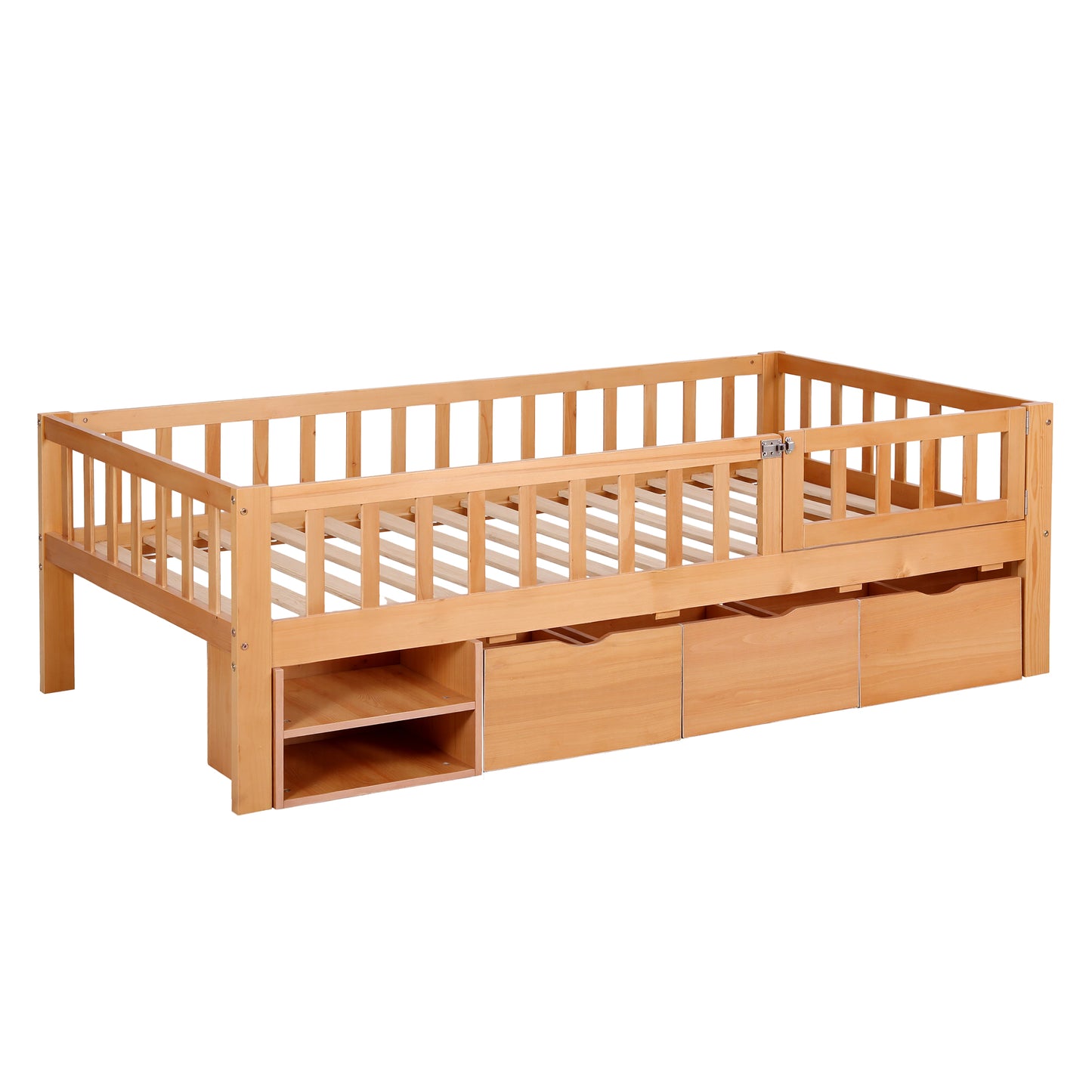 Kids Single Bed Frame with 3 Storage Drawers – Montessori Style, Natural Finish