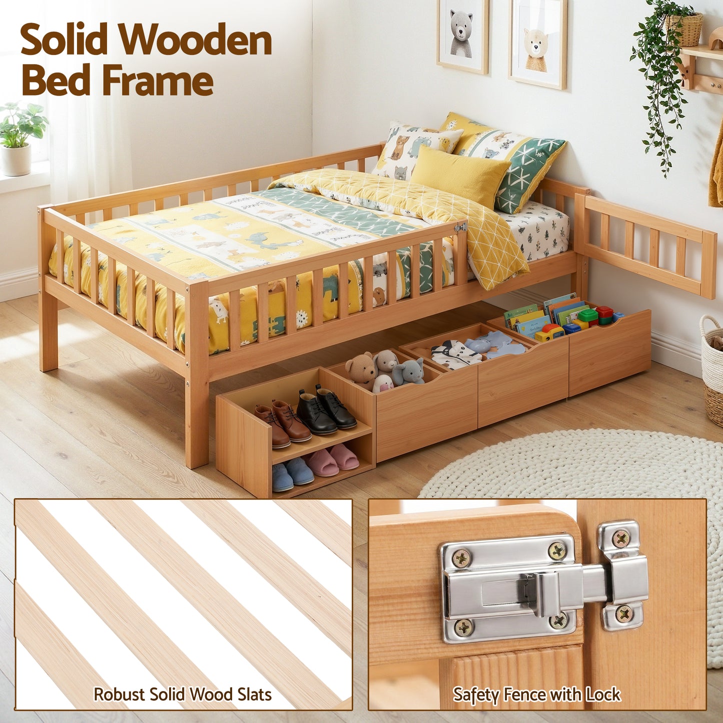 Kids Single Bed Frame with 3 Storage Drawers – Montessori Style, Natural Finish