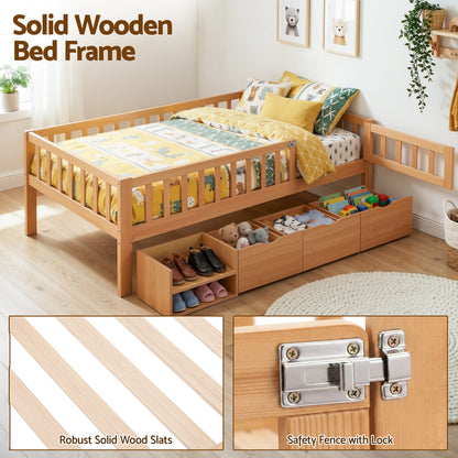 TWSC Kids Single Bed Frame with 3 Storage Drawer Montessori Bed for Toddler Natural