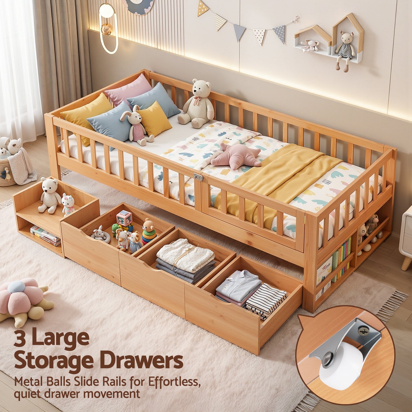 Kids Single Bed Frame with 3 Storage Drawers – Montessori Style, Natural Finish