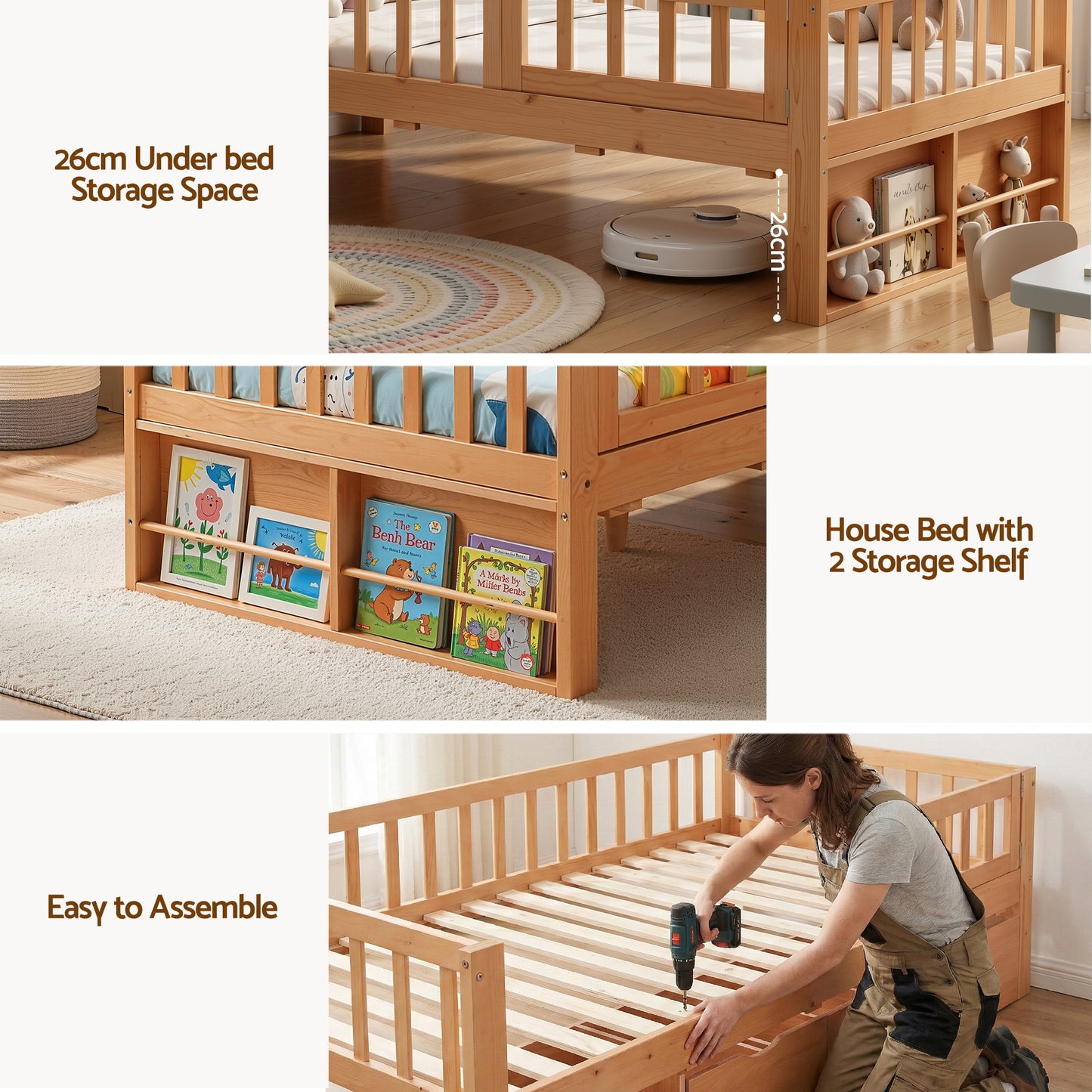 Kids Single Bed Frame with 3 Storage Drawers – Montessori Style, Natural Finish
