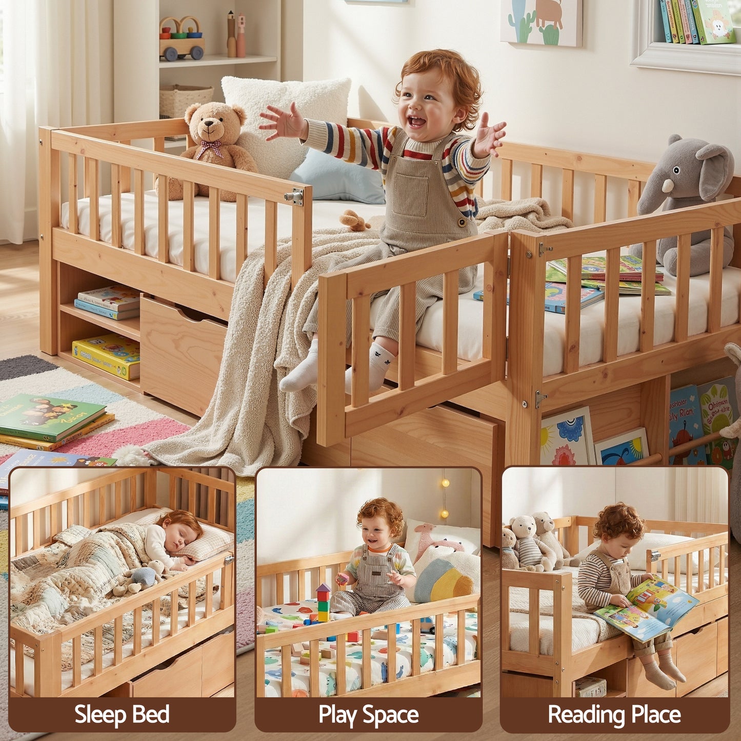 Kids Single Bed Frame with 3 Storage Drawers – Montessori Style, Natural Finish