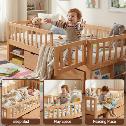 TWSC Kids Single Bed Frame with 3 Storage Drawer Montessori Bed for Toddler Natural