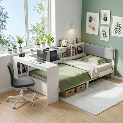 TWSC White Single Solid Wood Corner Platform Bed Frame with Built-in Desk, Storage Shelves and USB-C Charging Station for Small Spaces, Wooden Bed Base for Guest Room