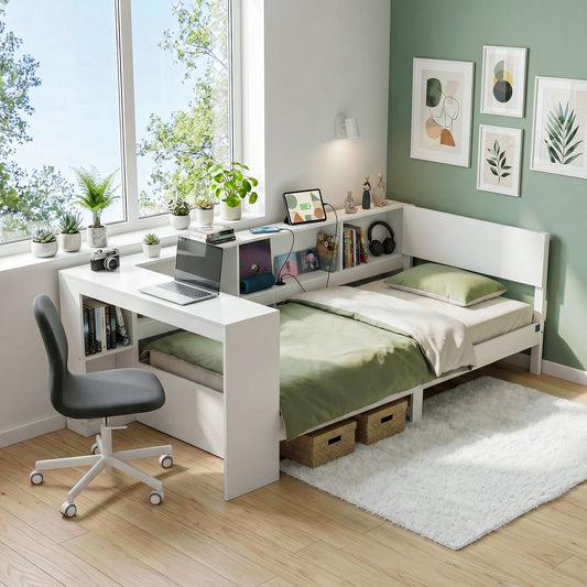 TWSC White Single Solid Wood Corner Platform Bed Frame with Built-in Desk, Storage Shelves and USB-C Charging Station for Small Spaces, Wooden Bed Base for Guest Room