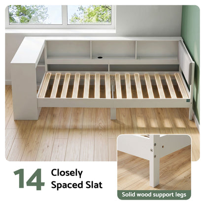 TWSC White Single Solid Wood Corner Platform Bed Frame with Built-in Desk, Storage Shelves and USB-C Charging Station for Small Spaces, Wooden Bed Base for Guest Room