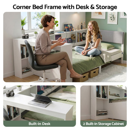 TWSC White Single Solid Wood Corner Platform Bed Frame with Built-in Desk, Storage Shelves and USB-C Charging Station for Small Spaces, Wooden Bed Base for Guest Room