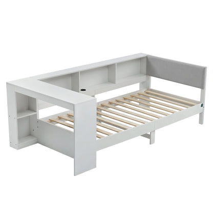 TWSC White Single Solid Wood Corner Platform Bed Frame with Built-in Desk, Storage Shelves and USB-C Charging Station for Small Spaces, Wooden Bed Base for Guest Room