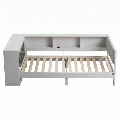 TWSC White Single Solid Wood Corner Platform Bed Frame with Built-in Desk, Storage Shelves and USB-C Charging Station for Small Spaces, Wooden Bed Base for Guest Room