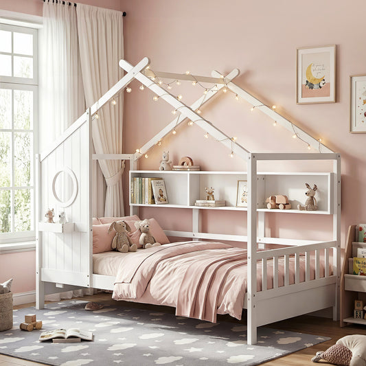 TWSC Kids Single Bed Frame House Bed Solid Wood Montessori Bed for Toddler White