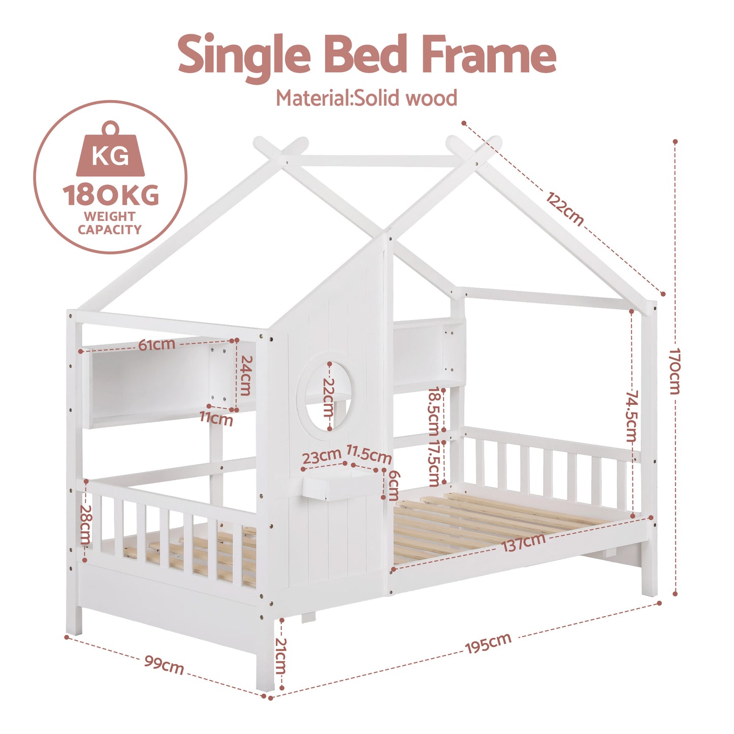 TWSC Kids Single Bed Frame House Bed Solid Wood Montessori Bed for Toddler White