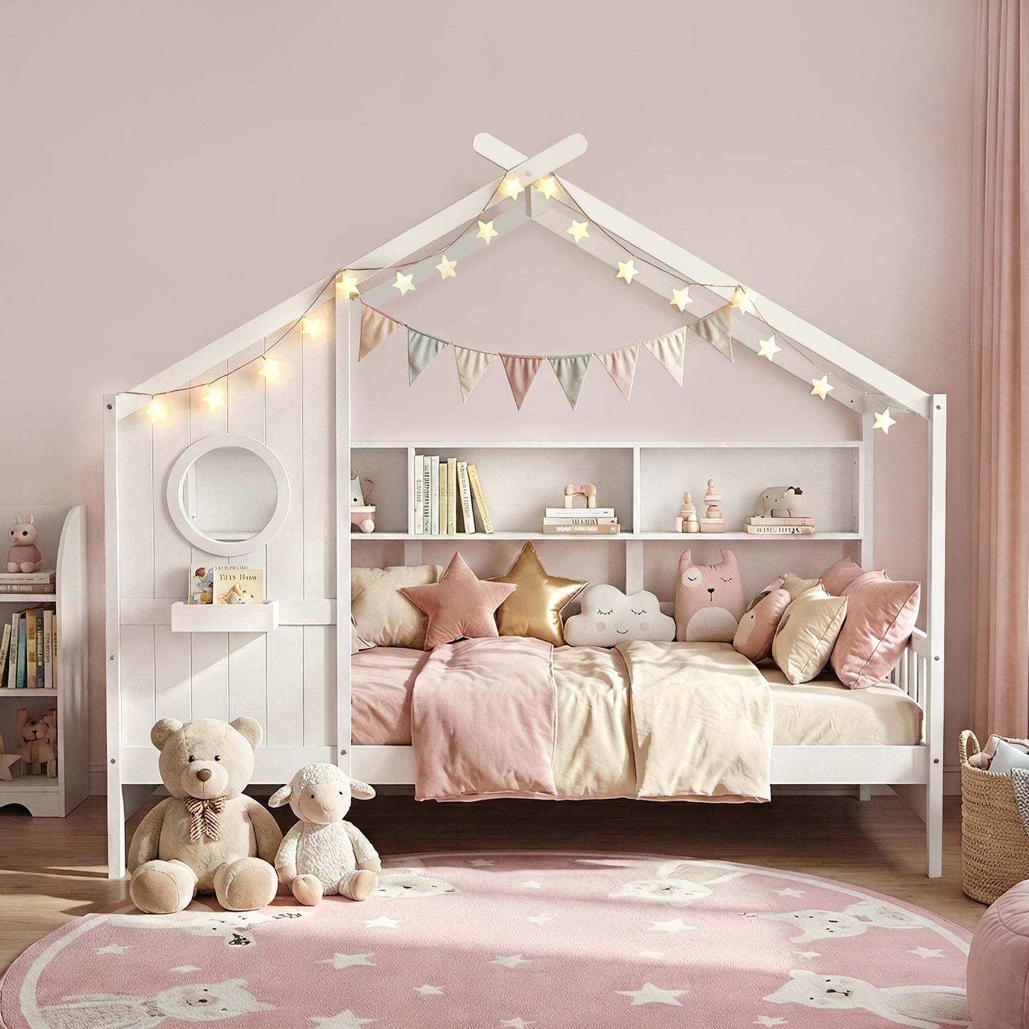 TWSC Kids Single Bed Frame House Bed Solid Wood Montessori Bed for Toddler White