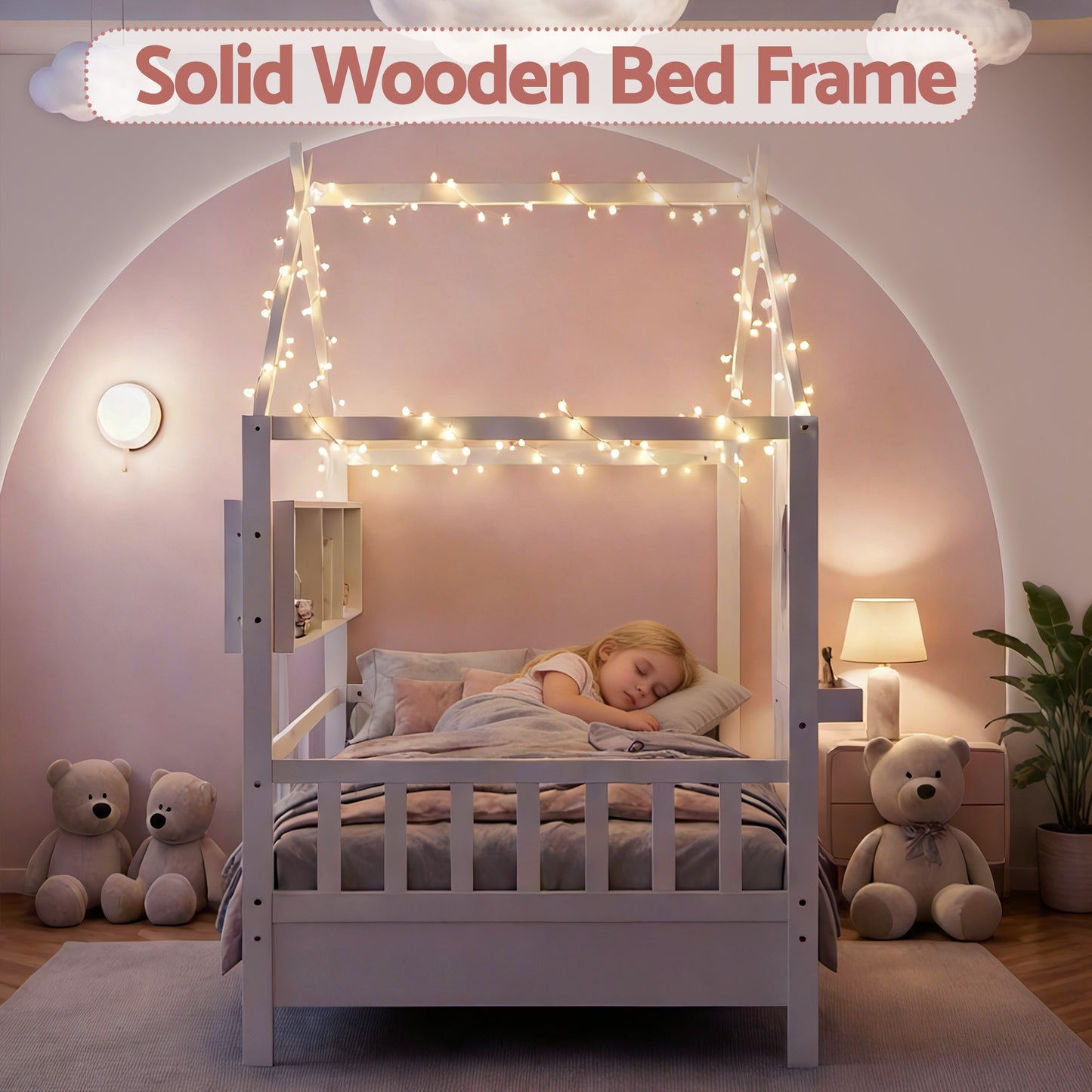 TWSC Kids Single Bed Frame House Bed Solid Wood Montessori Bed for Toddler White