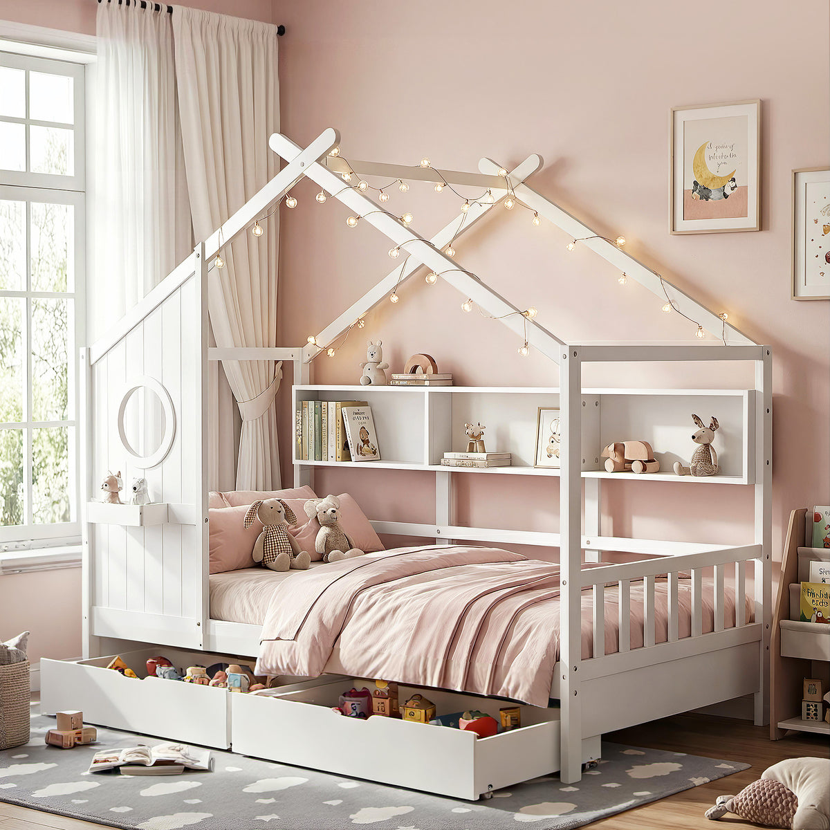 TWSC Kids Single Bed Frame with 3 Storage Bookcase & 2 Drawers House Bed Solid Wood Montessori Bed Easy Assembly White