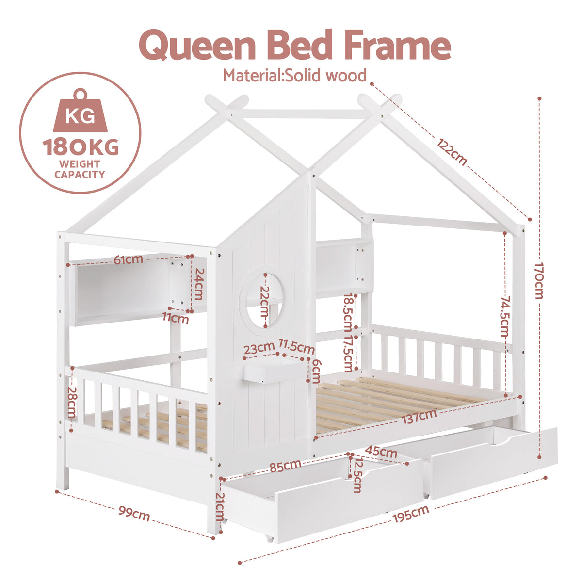 TWSC Kids Single Bed Frame with 3 Storage Bookcase & 2 Drawers House Bed Solid Wood Montessori Bed Easy Assembly White