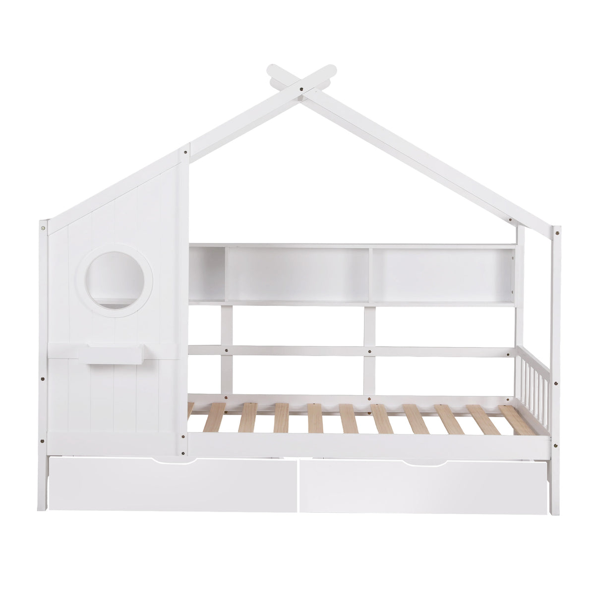 TWSC Kids Single Bed Frame with 3 Storage Bookcase & 2 Drawers House Bed Solid Wood Montessori Bed Easy Assembly White