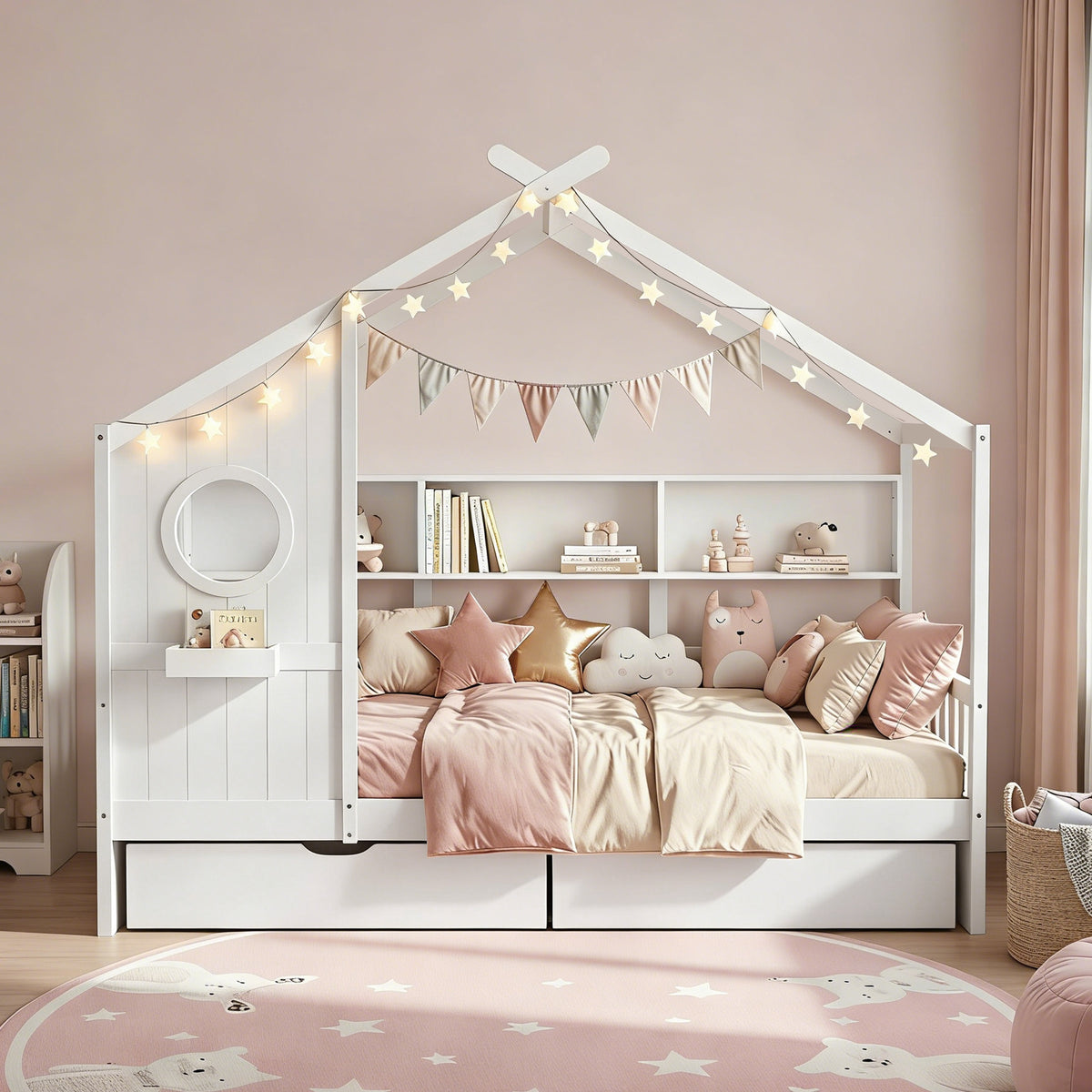 TWSC Kids Single Bed Frame with 3 Storage Bookcase & 2 Drawers House Bed Solid Wood Montessori Bed Easy Assembly White