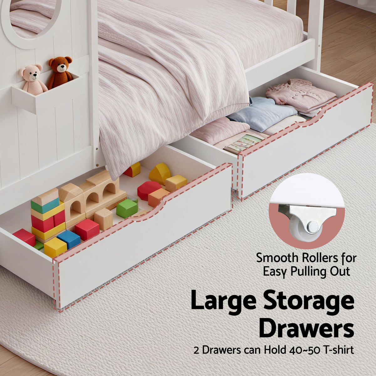 TWSC Kids Single Bed Frame with 3 Storage Bookcase & 2 Drawers House Bed Solid Wood Montessori Bed Easy Assembly White
