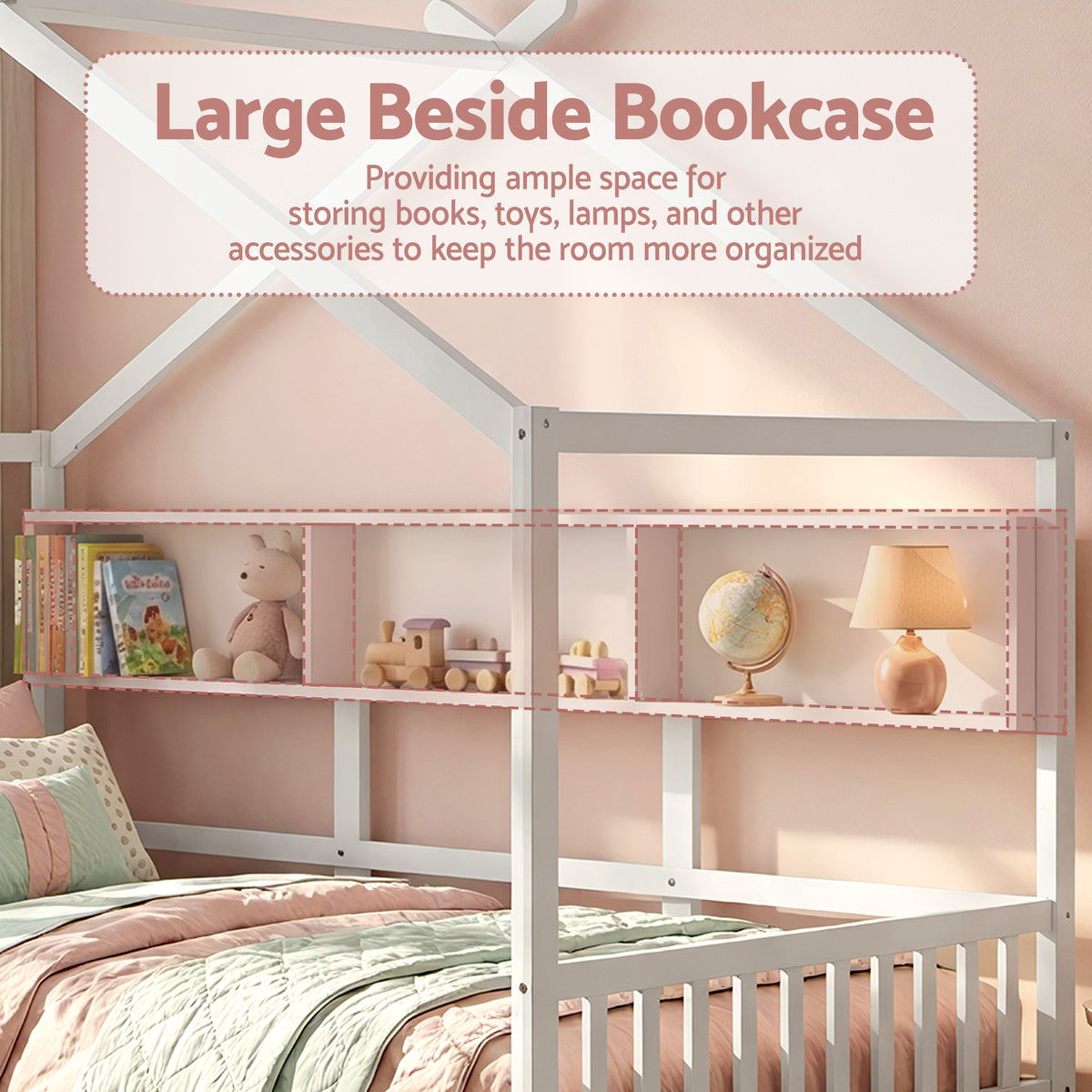 TWSC Kids Single Bed Frame with 3 Storage Bookcase & 2 Drawers House Bed Solid Wood Montessori Bed Easy Assembly White