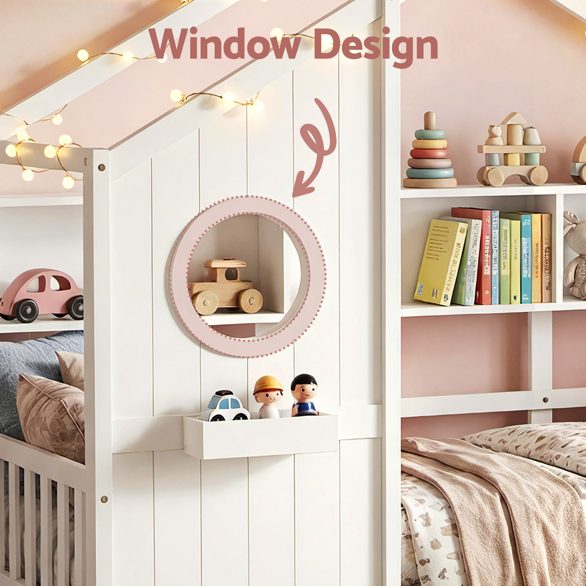 TWSC Kids Single Bed Frame with 3 Storage Bookcase & 2 Drawers House Bed Solid Wood Montessori Bed Easy Assembly White