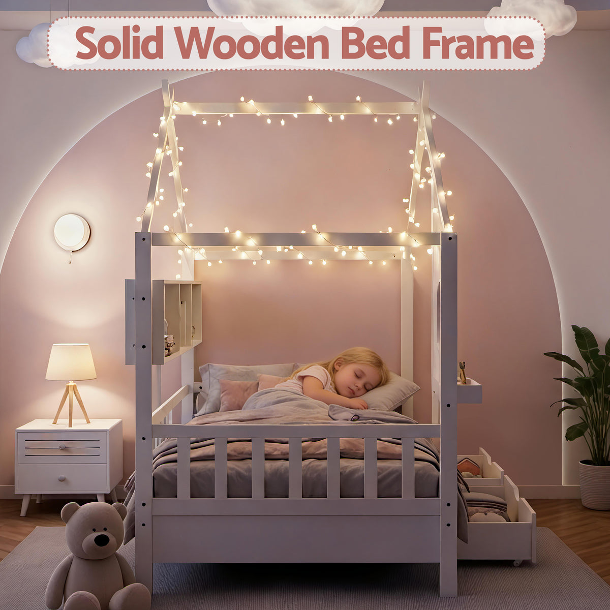 TWSC Kids Single Bed Frame with 3 Storage Bookcase & 2 Drawers House Bed Solid Wood Montessori Bed Easy Assembly White