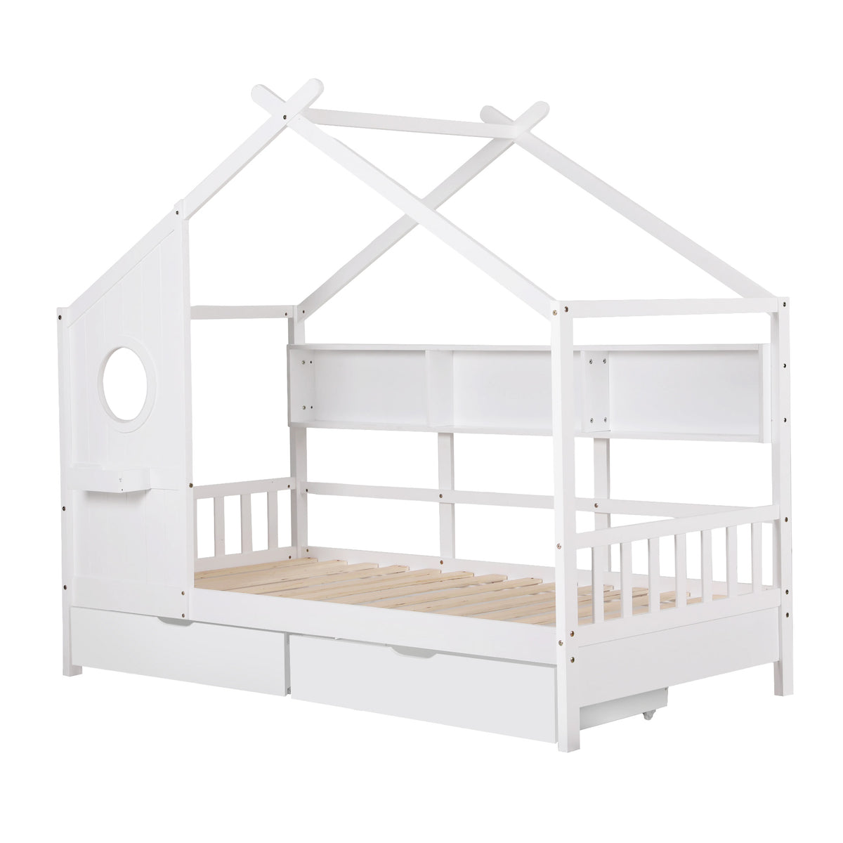 TWSC Kids Single Bed Frame with 3 Storage Bookcase & 2 Drawers House Bed Solid Wood Montessori Bed Easy Assembly White