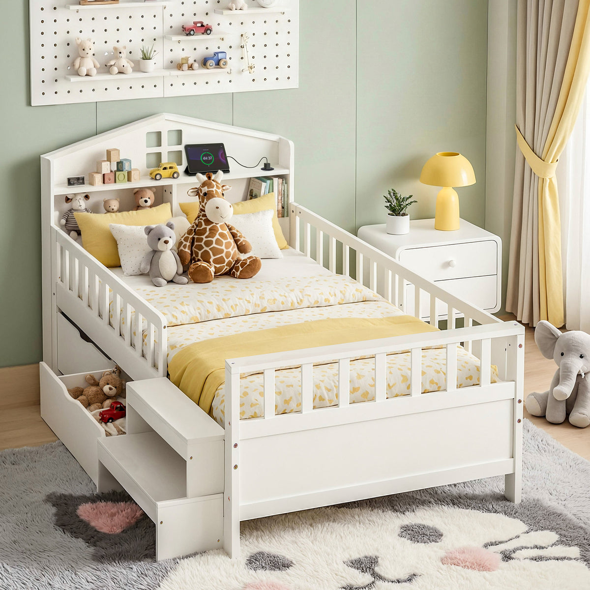 TWSC Single Bed Frame with 2 Storage Drawers, Montessori Bed with Headboard, 2 USB Ports & Led Light, Solid Wood Platform Bed Base with Safety Rail & Ladder, 31CM Under-Bed Storage, White