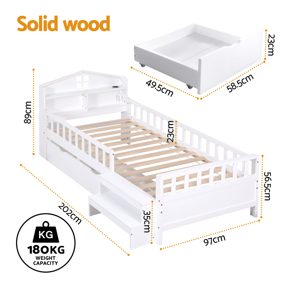 TWSC Single Bed Frame with 2 Storage Drawers, Montessori Bed with Headboard, 2 USB Ports & Led Light, Solid Wood Platform Bed Base with Safety Rail & Ladder, 31CM Under-Bed Storage, White