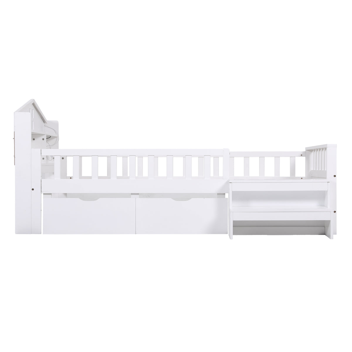 TWSC Single Bed Frame with 2 Storage Drawers, Montessori Bed with Headboard, 2 USB Ports & Led Light, Solid Wood Platform Bed Base with Safety Rail & Ladder, 31CM Under-Bed Storage, White
