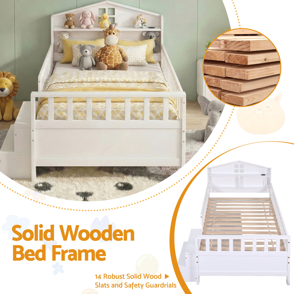 TWSC Single Bed Frame with 2 Storage Drawers, Montessori Bed with Headboard, 2 USB Ports & Led Light, Solid Wood Platform Bed Base with Safety Rail & Ladder, 31CM Under-Bed Storage, White