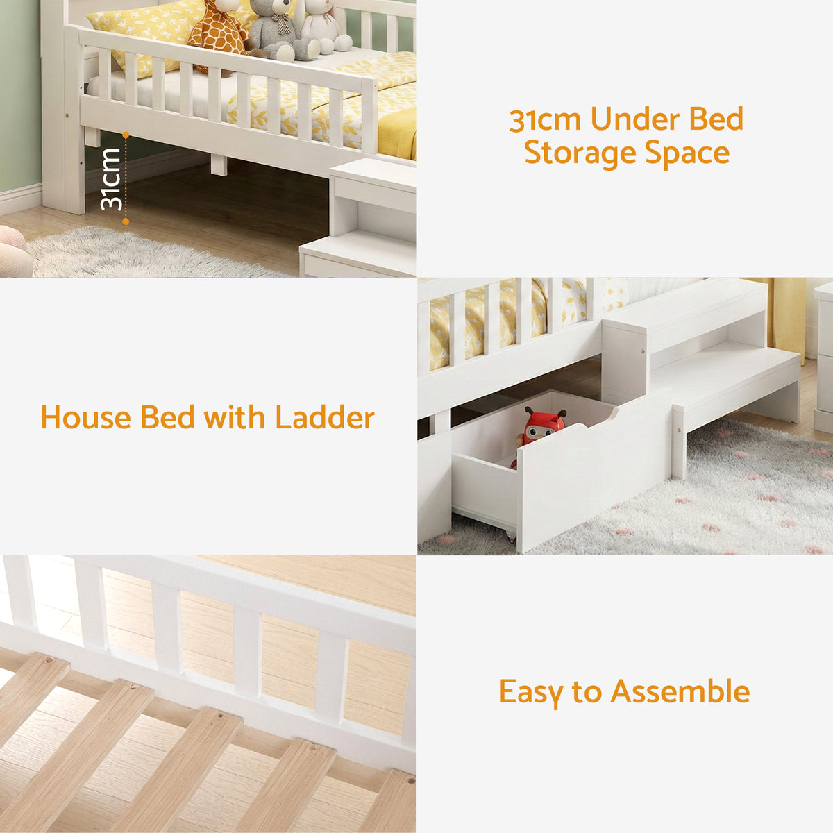TWSC Single Bed Frame with 2 Storage Drawers, Montessori Bed with Headboard, 2 USB Ports & Led Light, Solid Wood Platform Bed Base with Safety Rail & Ladder, 31CM Under-Bed Storage, White
