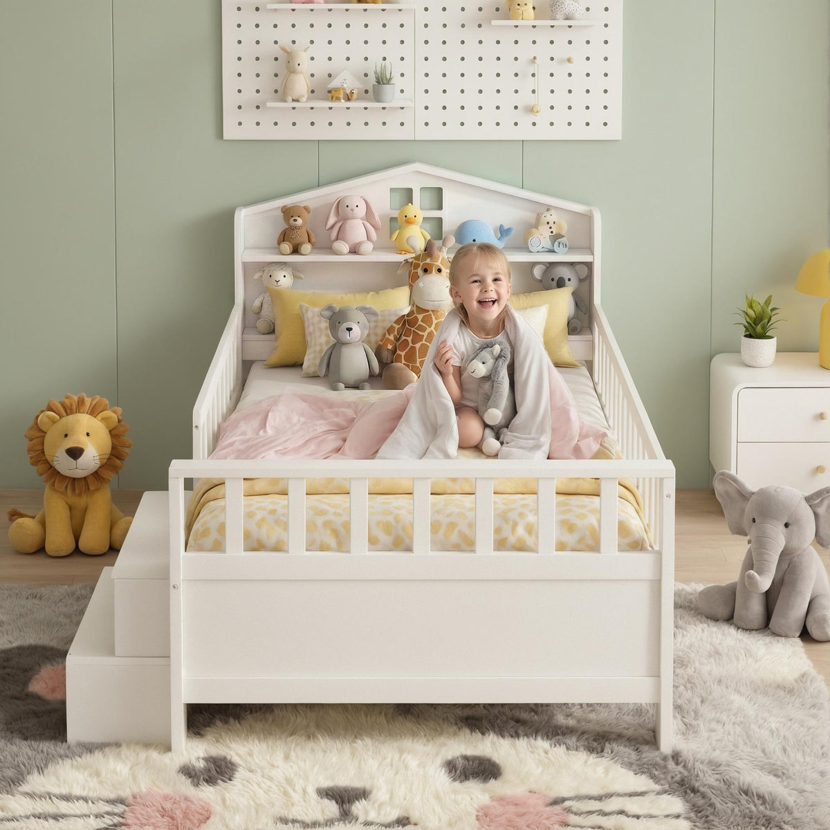 TWSC Single Bed Frame with 2 Storage Drawers, Montessori Bed with Headboard, 2 USB Ports & Led Light, Solid Wood Platform Bed Base with Safety Rail & Ladder, 31CM Under-Bed Storage, White