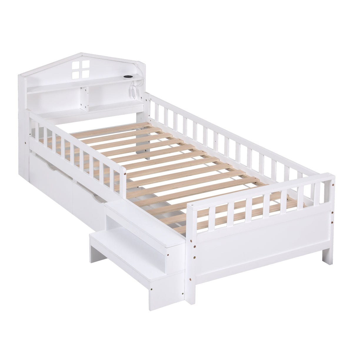 TWSC Single Bed Frame with 2 Storage Drawers, Montessori Bed with Headboard, 2 USB Ports & Led Light, Solid Wood Platform Bed Base with Safety Rail & Ladder, 31CM Under-Bed Storage, White