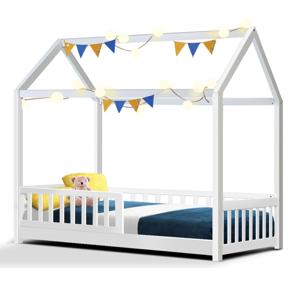 Bed Frame House Shape – Solid Pine Wood, White, Australian Single Size