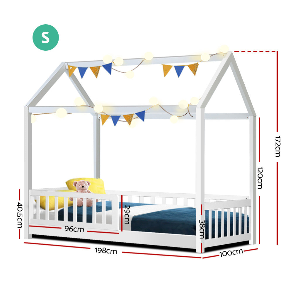 Bed Frame House Shape – Solid Pine Wood, White, Australian Single Size