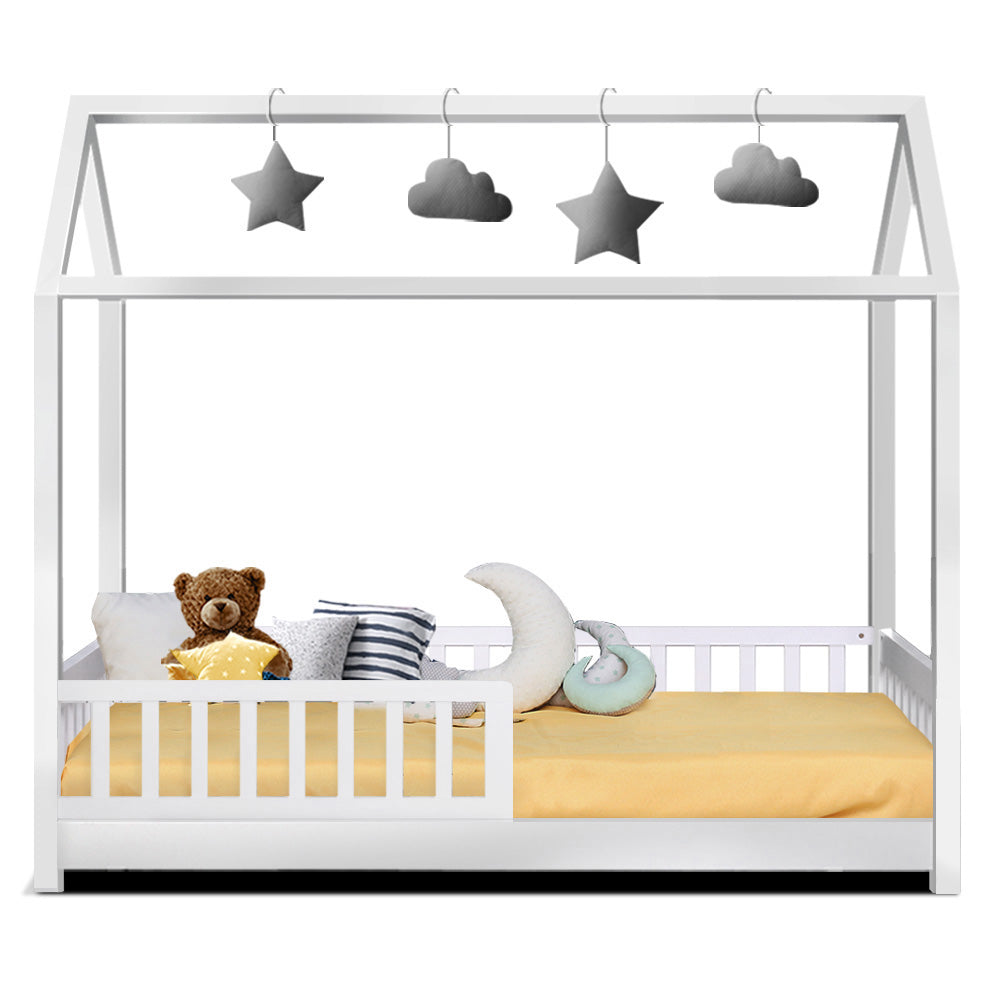 Bed Frame House Shape – Solid Pine Wood, White, Australian Single Size