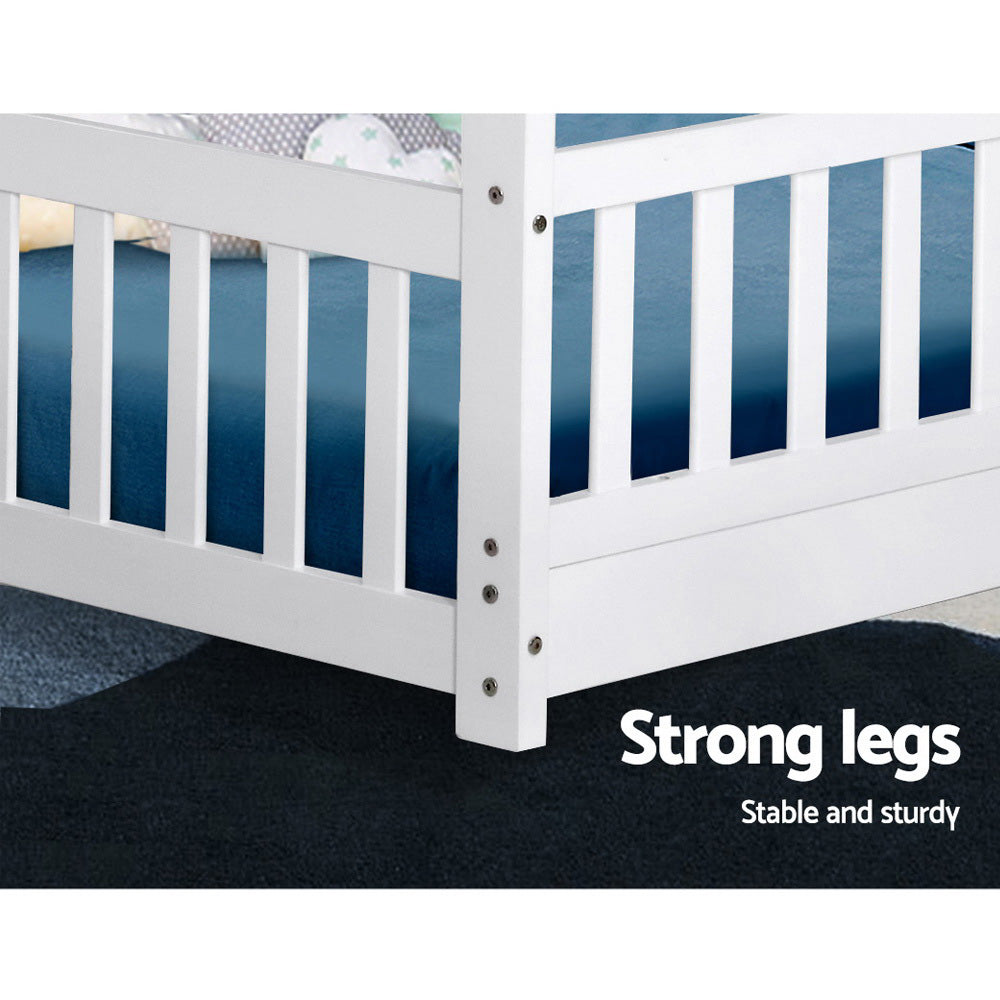 Bed Frame House Shape – Solid Pine Wood, White, Australian Single Size