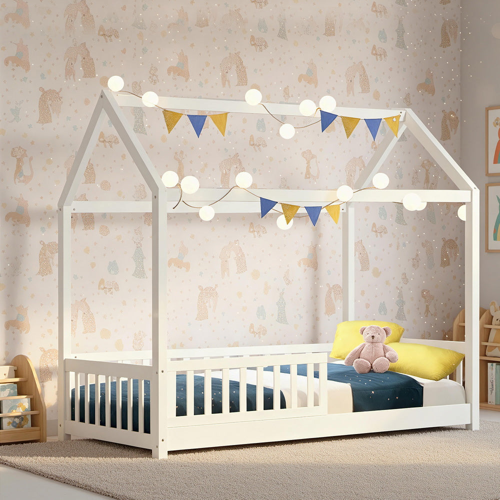 Bed Frame House Shape – Solid Pine Wood, White, Australian Single Size