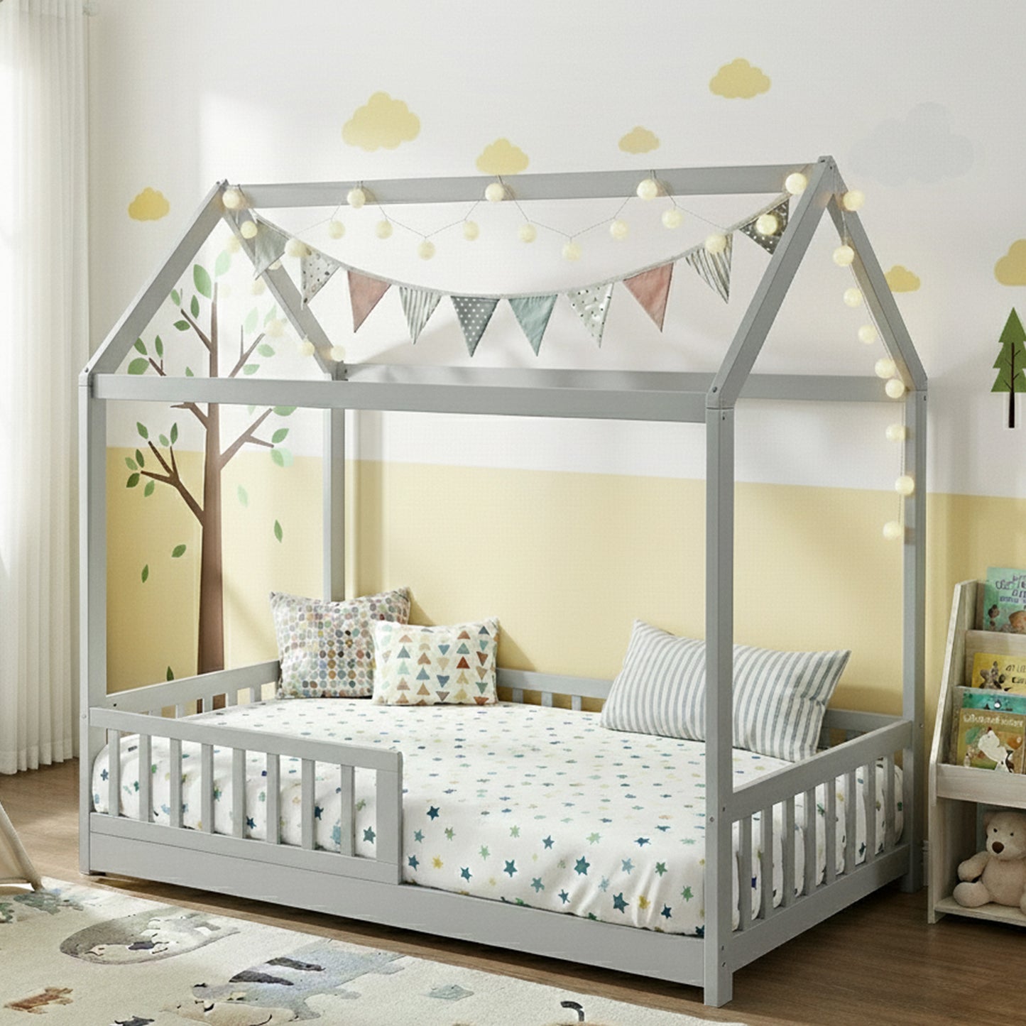 Rock Kids House Bed Frame – Solid Pine Wood, Light Grey, Australian Single