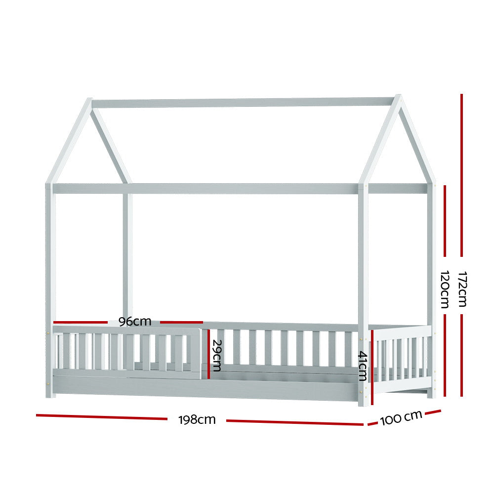 Rock Kids House Bed Frame – Solid Pine Wood, Light Grey, Australian Single