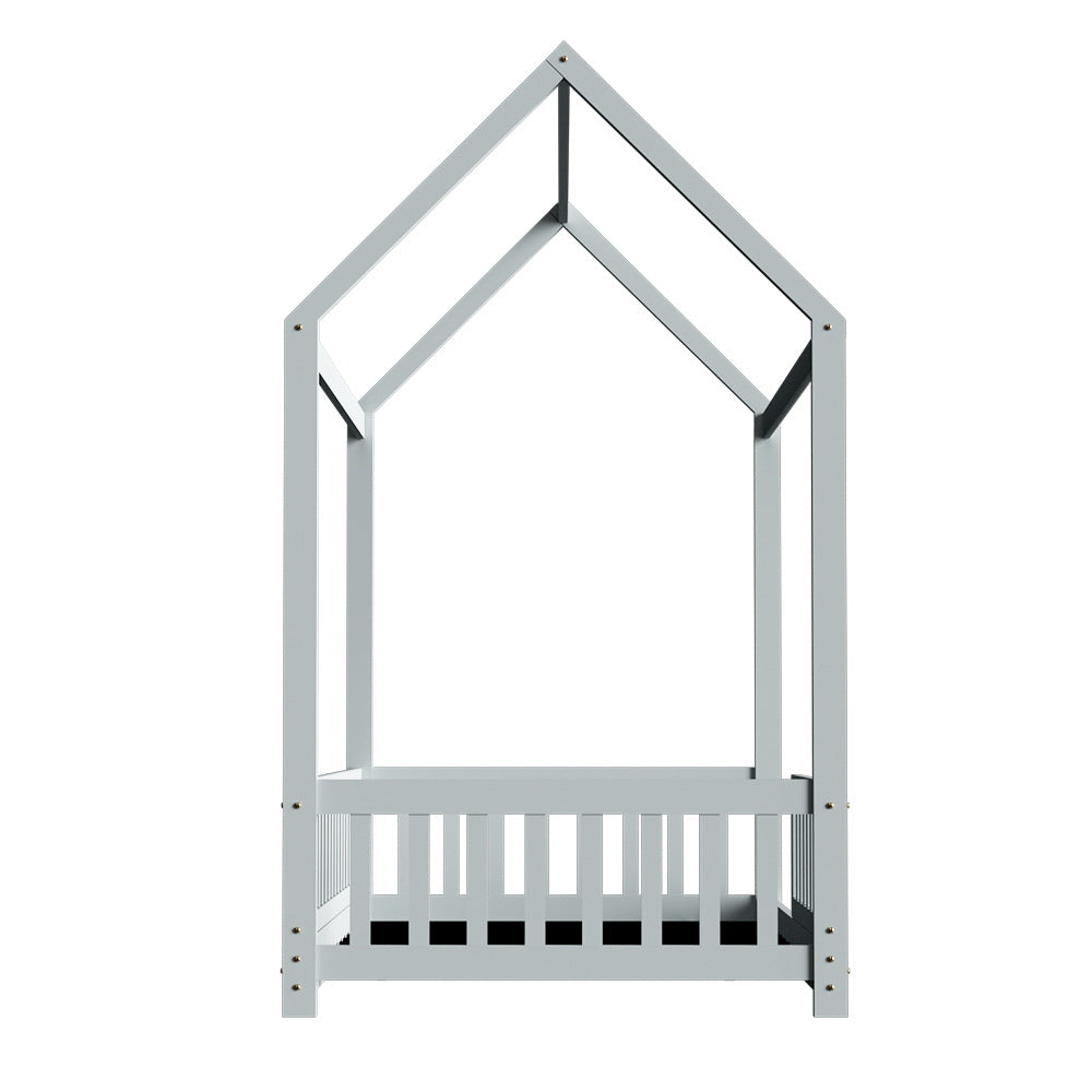 Rock Kids House Bed Frame – Solid Pine Wood, Light Grey, Australian Single