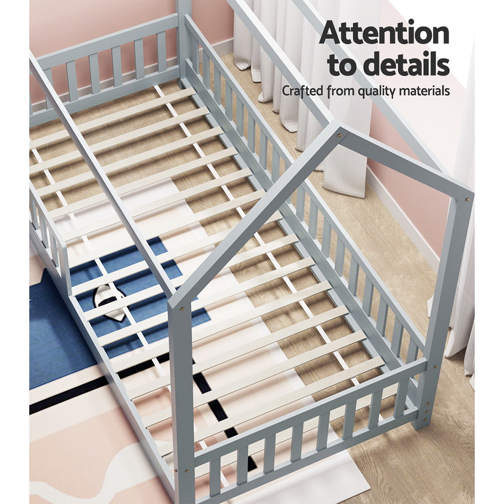 Rock Kids House Bed Frame – Solid Pine Wood, Light Grey, Australian Single