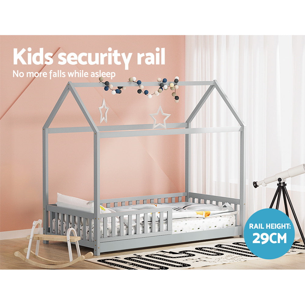 Rock Kids House Bed Frame – Solid Pine Wood, Light Grey, Australian Single